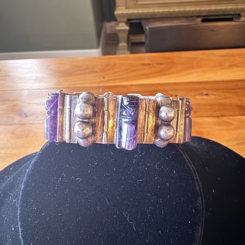 Vintage Mexican Silver Barrel Cut Amethyst Bracelet